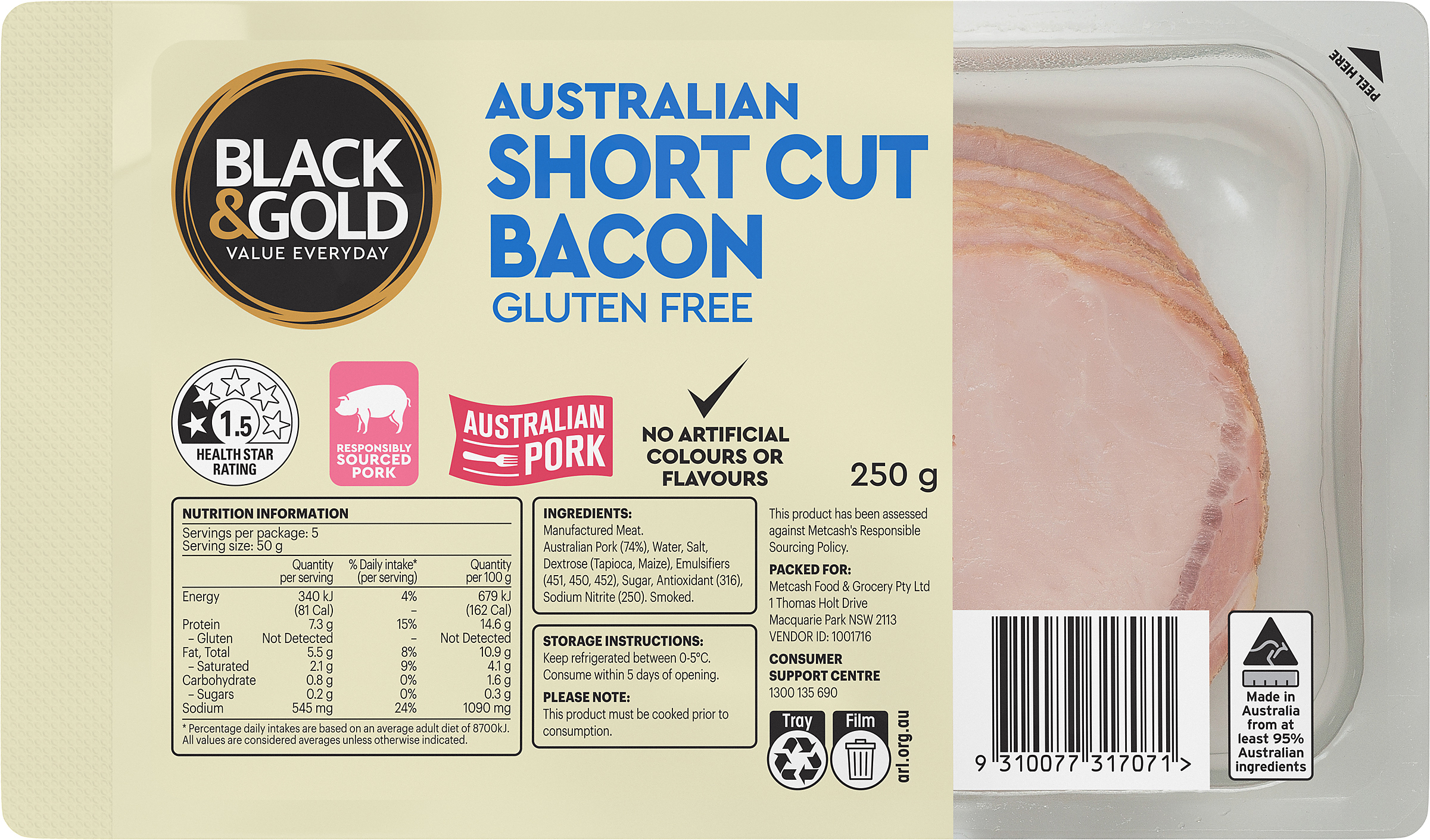 Black & Gold Australian Shortcut Bacon 250g