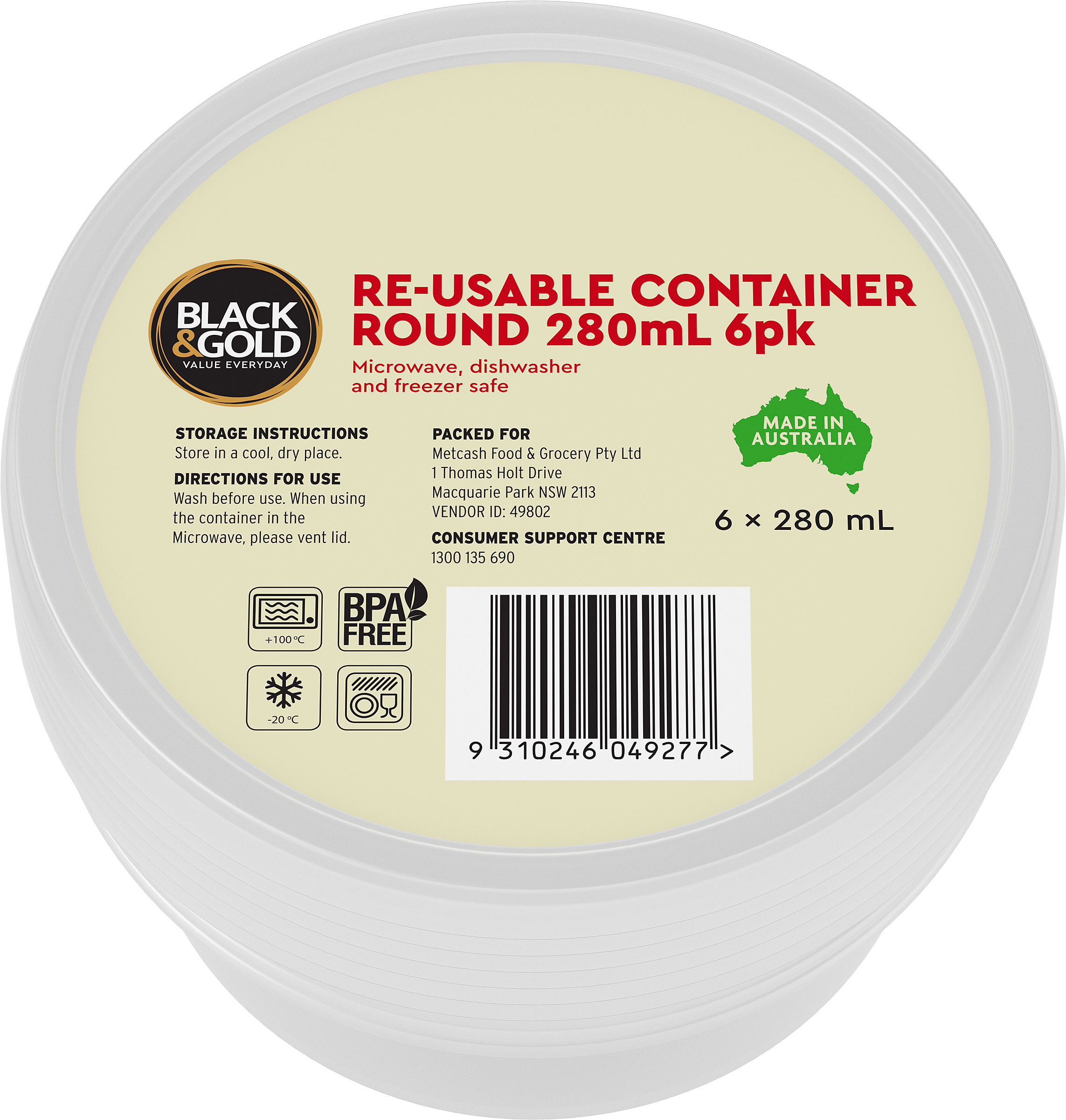 Black & Gold Re-Usable Container Round 280mL 6pk