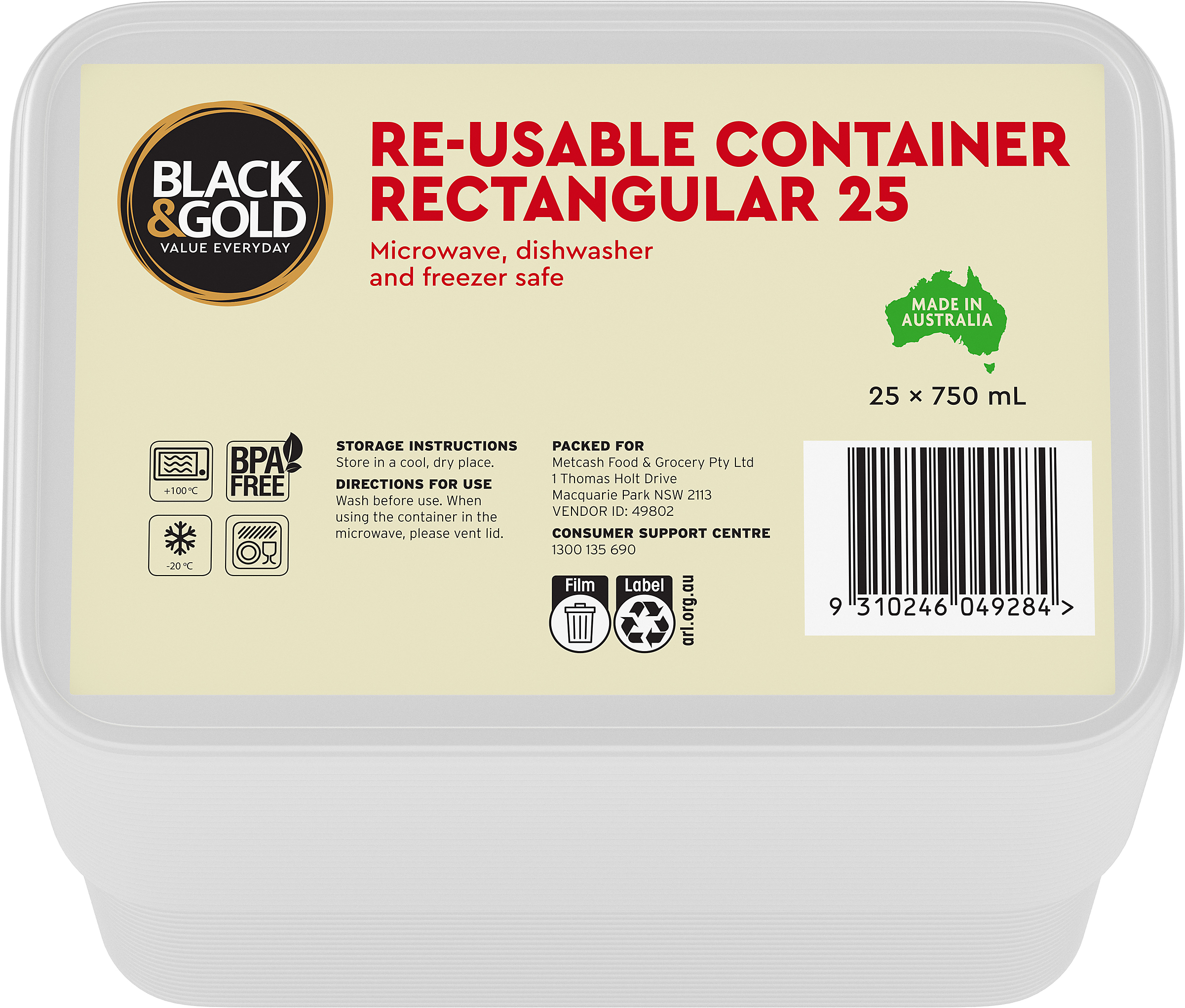 Black & Gold Re-Usable Container Rectangular 750mL 25pk
