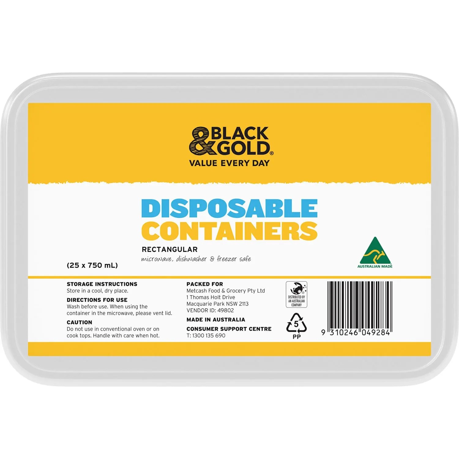 Black & Gold Disposable Containers Rectangular 25 Pack