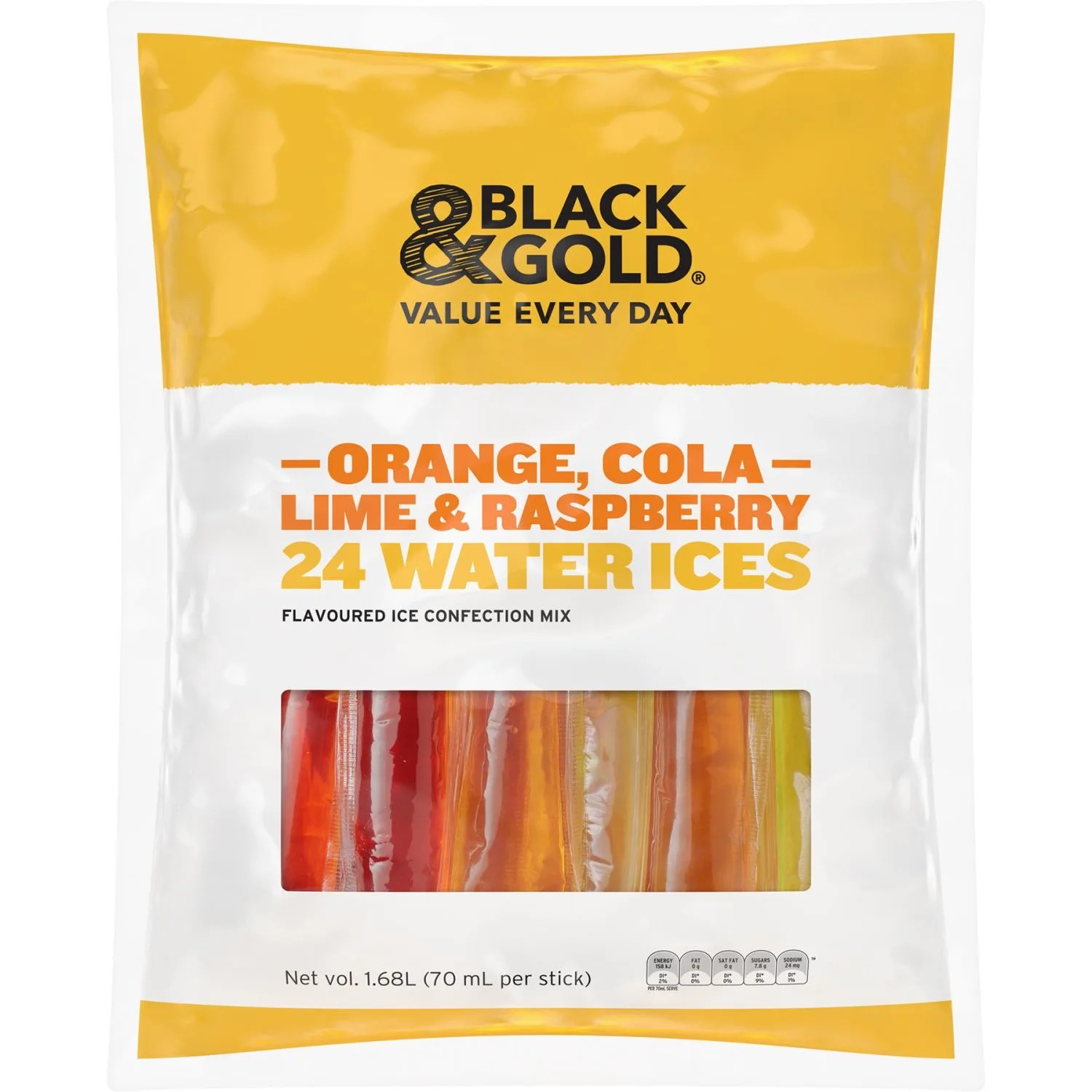 Black & Gold Orange Cola Lime Raspberry Water Ices 24 Pack