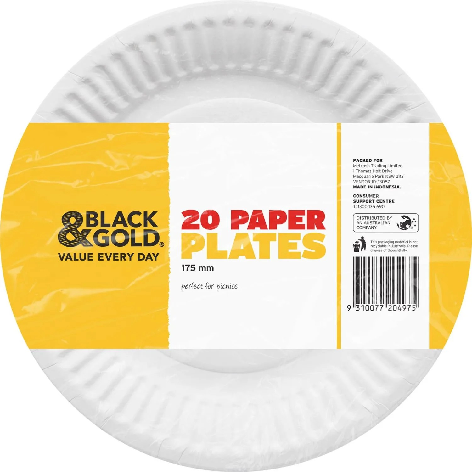 Black & Gold Paper Plates 175mm 20 Pack