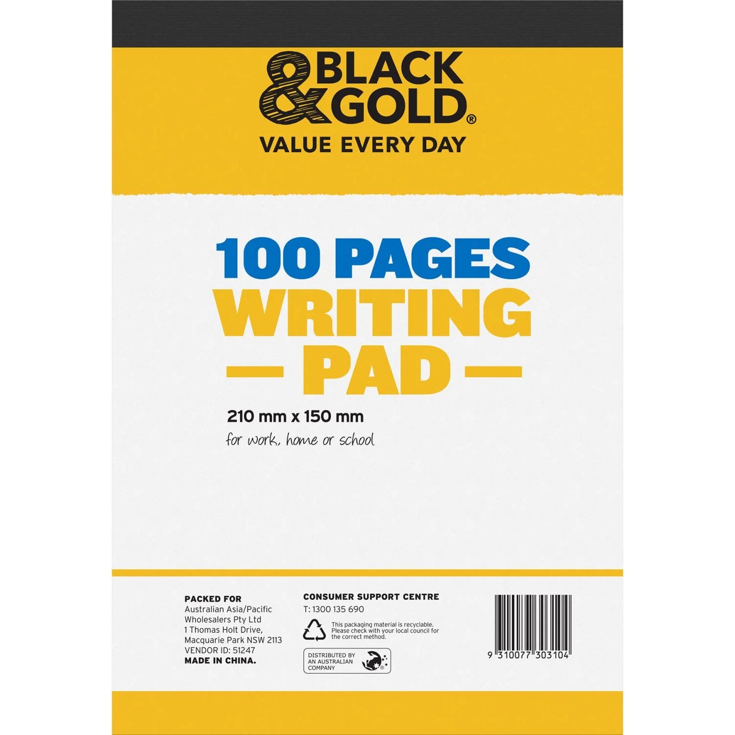 Black & Gold Writing Pad A5 100 Leaf