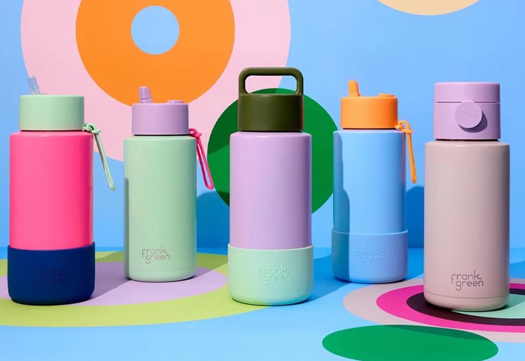 Frank Green insulated drink bottles in assorted colours and styles.
