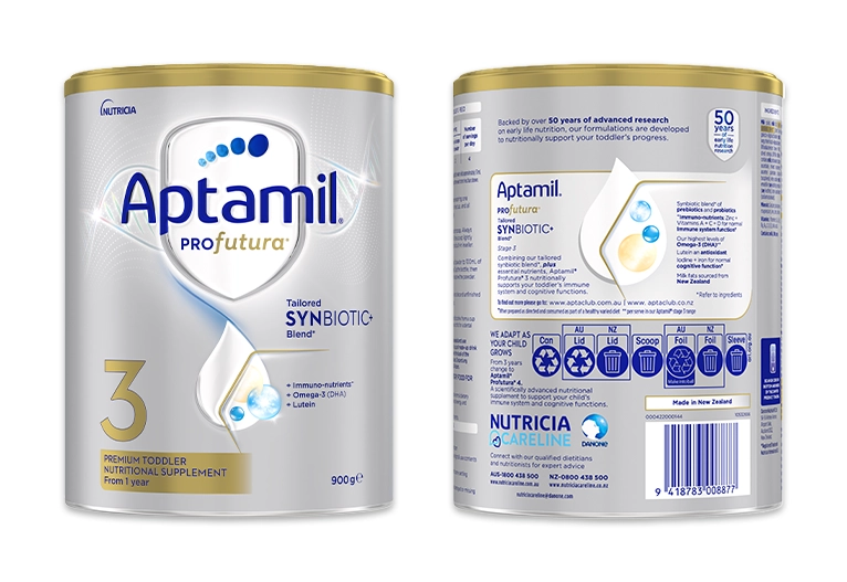 Aptamil Profutura 3 Toddler Supplement tin front and back.