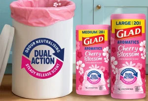 Glad bin liner products next to a kitchen bin.
