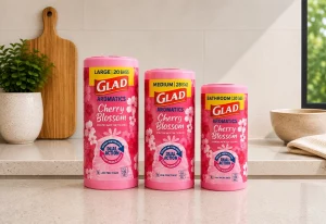 GLAD Aromatics Cherry Blossom Tidy Bag products on a kitchen bench.
