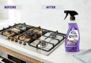 Before and after of a stove cleaned with Earth Choice Power Degreaser.