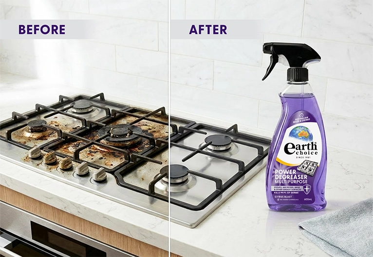 Before and after of a stove cleaned with Earth Choice Power Degreaser.