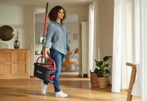 Person carrying the Vileda Easy Wring & Clean TURBO mop system.