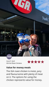A customer review for hot bagged roast chickens from IGA