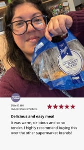 A customer review for hot bagged roast chickens from IGA