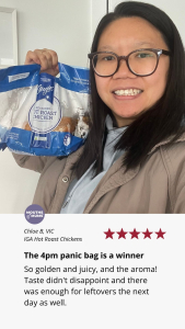 A customer review for hot bagged roast chickens from IGA