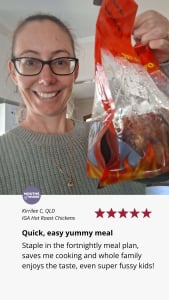 A customer review for hot bagged roast chickens from IGA