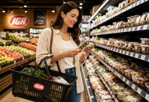 Woman discovering new food at an IGA supermarket.