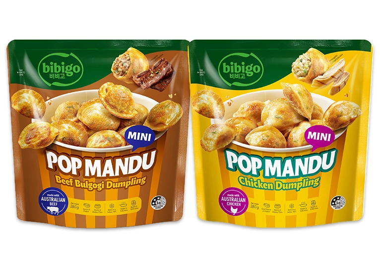 Bibigo Mini Pop Mandu Beef and Chicken varieties.